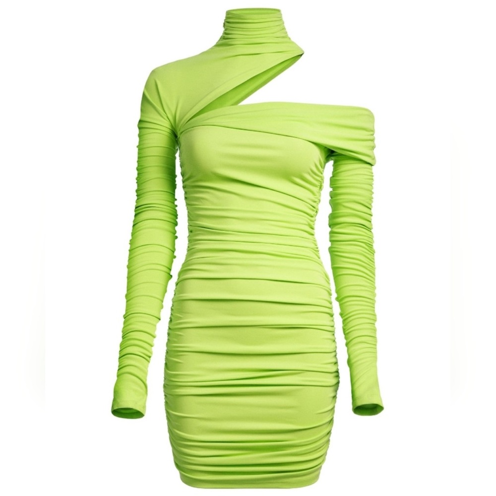 HM H&M x MUGLER Acid Green Gathered One-Shoulder Mini Dress Size S Small